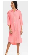 Universal Thread Women's 3/4 Sleeve Midi Button-Down Shirt Dress Large 55 Linen