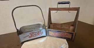 TWO NICE VINTAGE 1940s PEPSI COLA METAL and WOODEN BOTTLE CARRIERS