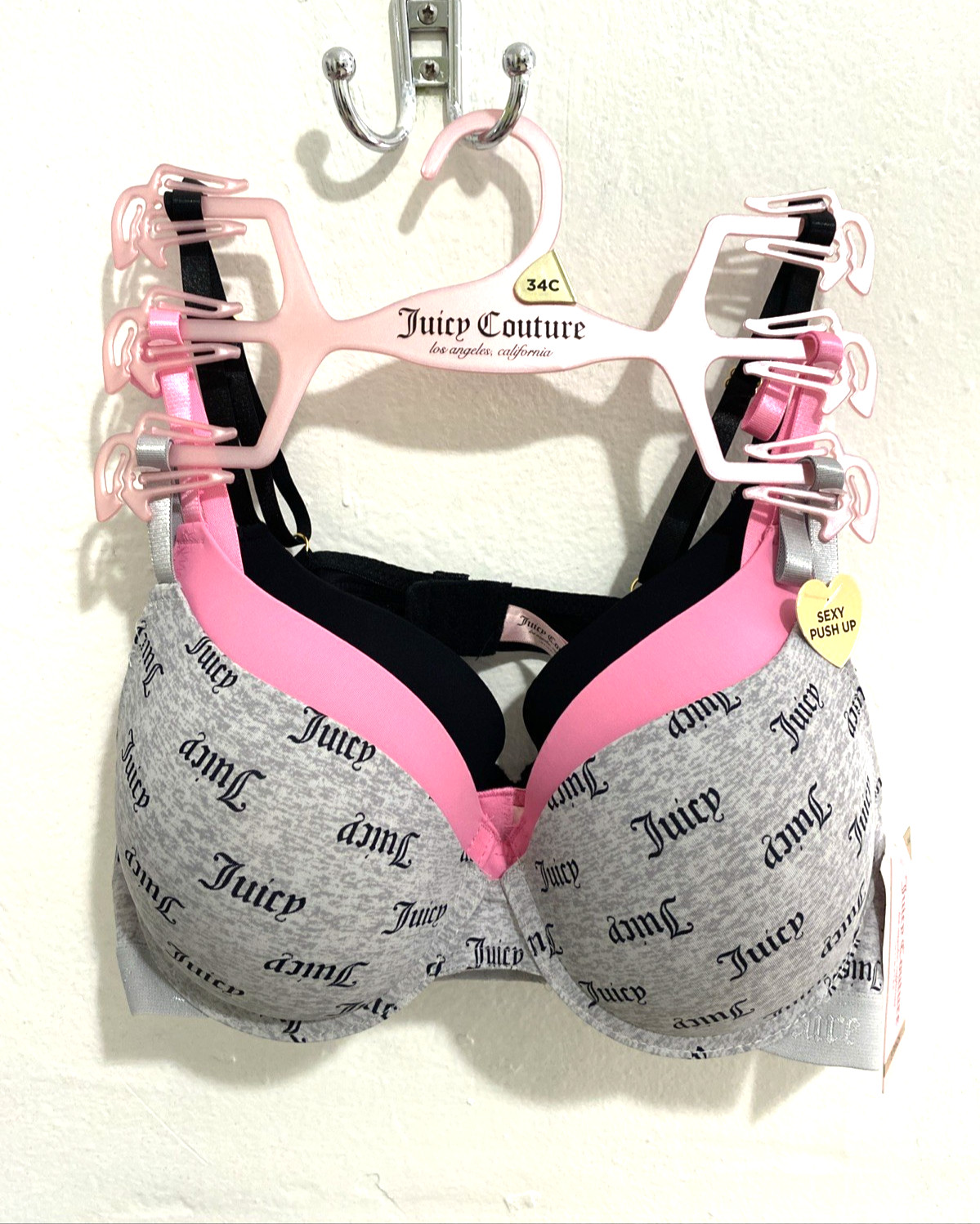Juicy Couture Push Up Bra 34C 3 Pack Sleek & Smooth Underwire Grey Pink Black