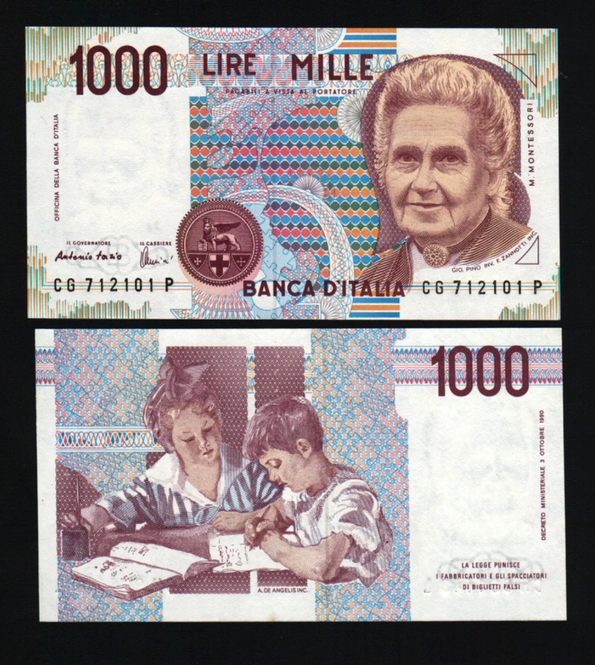 ITALY 1000 LIRE P-114c 1990 x 100 Pcs Lot BUNDLE MONTESSORI Pre EURO UNC NOTE - Image 3 of 4
