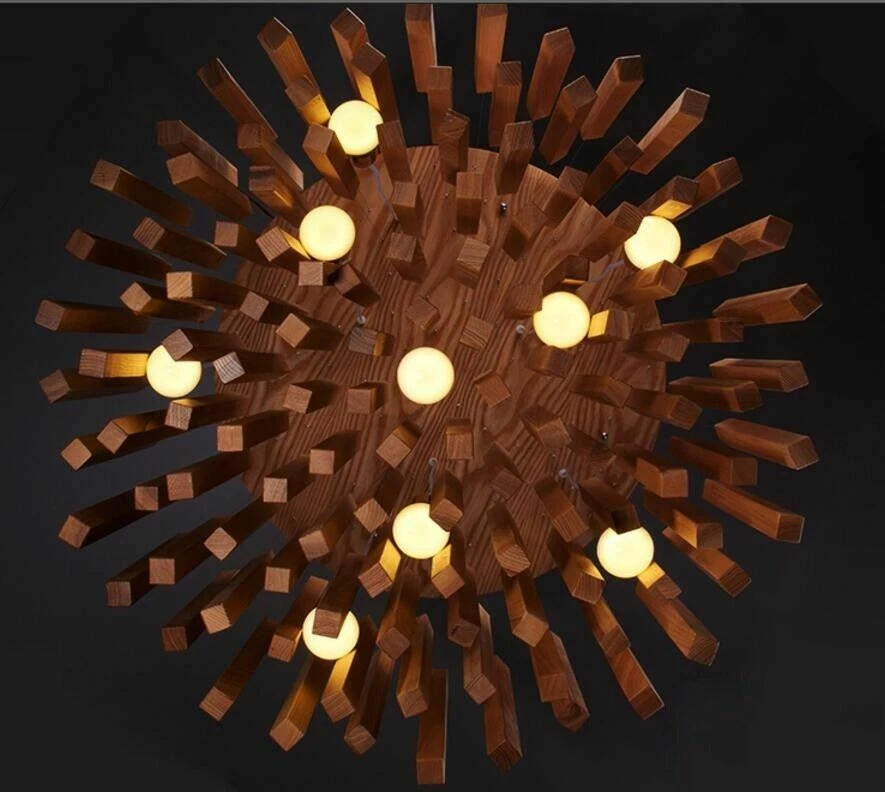 Wooden Lampshade LED Chandelier Ceiling Pendant Lamp Light Hanging Lamp Fixture - Image 3 of 4
