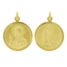 Dije Medalla Italiano Oro Amarillo 14k Reversible Guadalupe y Sagrado Corazón de Jesús