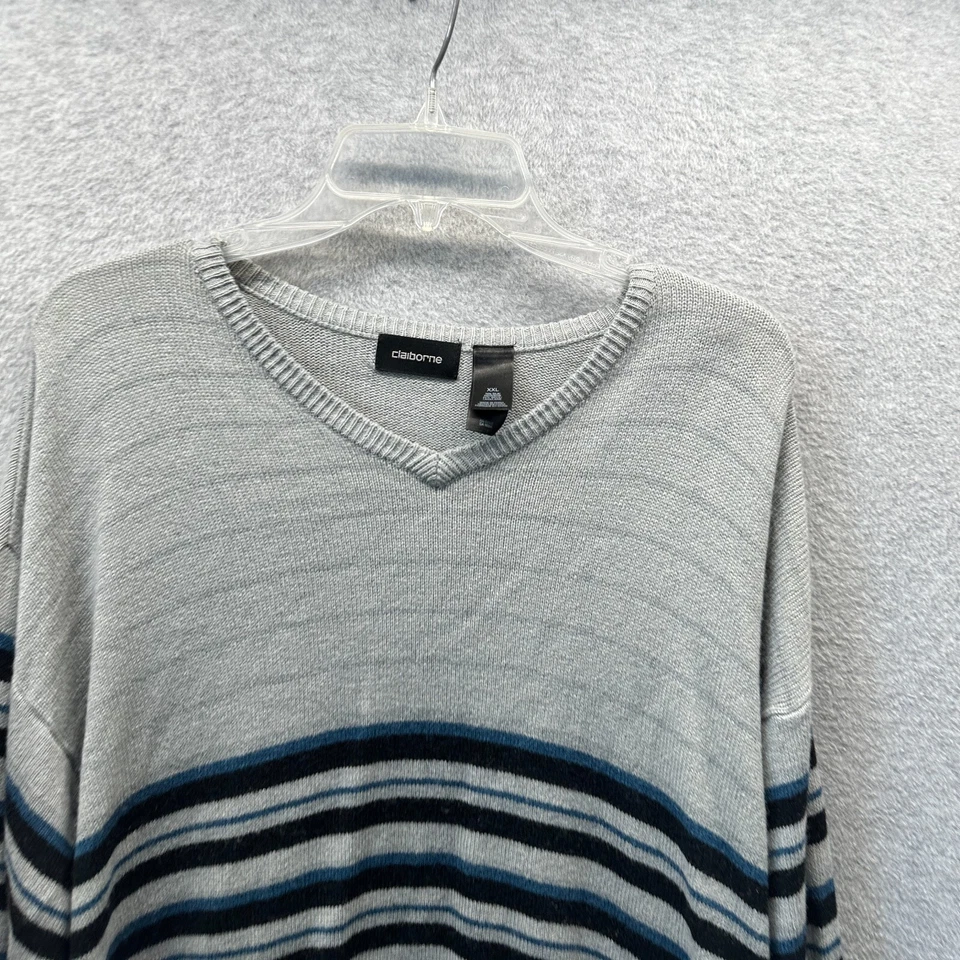 Suéter Claiborne Adulto 2XL XXL Gris Rayas Seda Lana Tejido Cuello en V Años 90 Para Hombre Foto 2 de 4