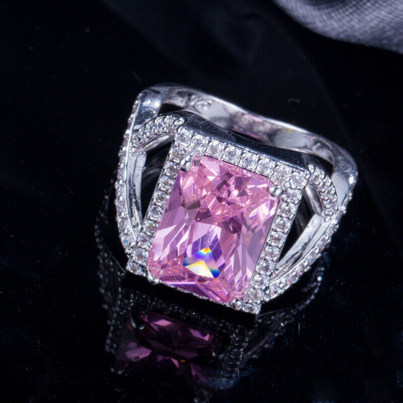 Pink Cubic Zirconia Crystal CZ Big Square Cut Finger Ring White Gold