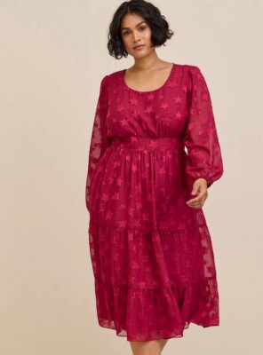 burgundy dress torrid Star Chiffon Tiered Midi Sz 00 M/L 10 Pockets Red Wine Skirt/Dress length type:Std (Height 162cm & below)