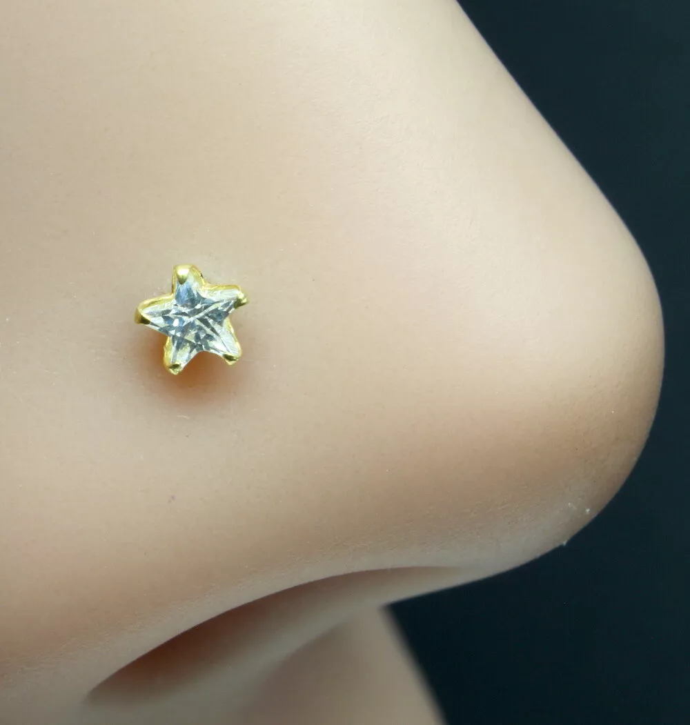 Tiny Real Gold White Star CZ Piercing Nose Stud Nose Pin Solid 14k Yellow Gold