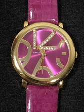 Womens Purple Pink Faux Leather Band Gold Tone Crystal Accent Watch