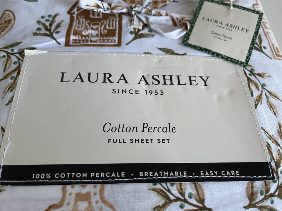 Laura Ashley Full Sheet Set Gingerbread House Gold 4pc Green NEW Christmas - Image 2 of 4