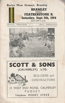  ENGLISH RUGBY LEAGUE OFFICIAL PROGRAMME,BRAMLEY v FEATHERSTONE 5th SEPT 1964