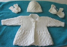 Hand knitted patterned matinee coat, hat, mitts, booties white 0 to 3 mths girl