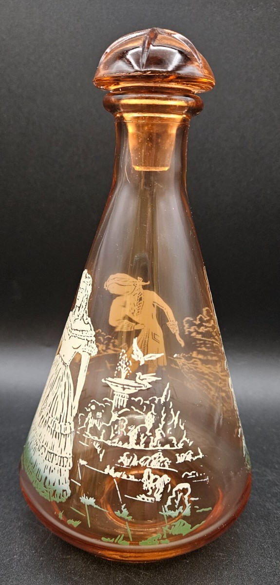 Vintage MCM Peach Glass Decanter & 6 Shot Glasses Courting Couple