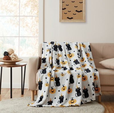 Halloween Spooky Cats Pumpkins Soft Plush Oversized Accent Throw  Blanket