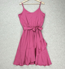 Tahari Arthur S Levine Faux Wrap Dress Size M Pink Matte Satin Ruffle Hem Tie