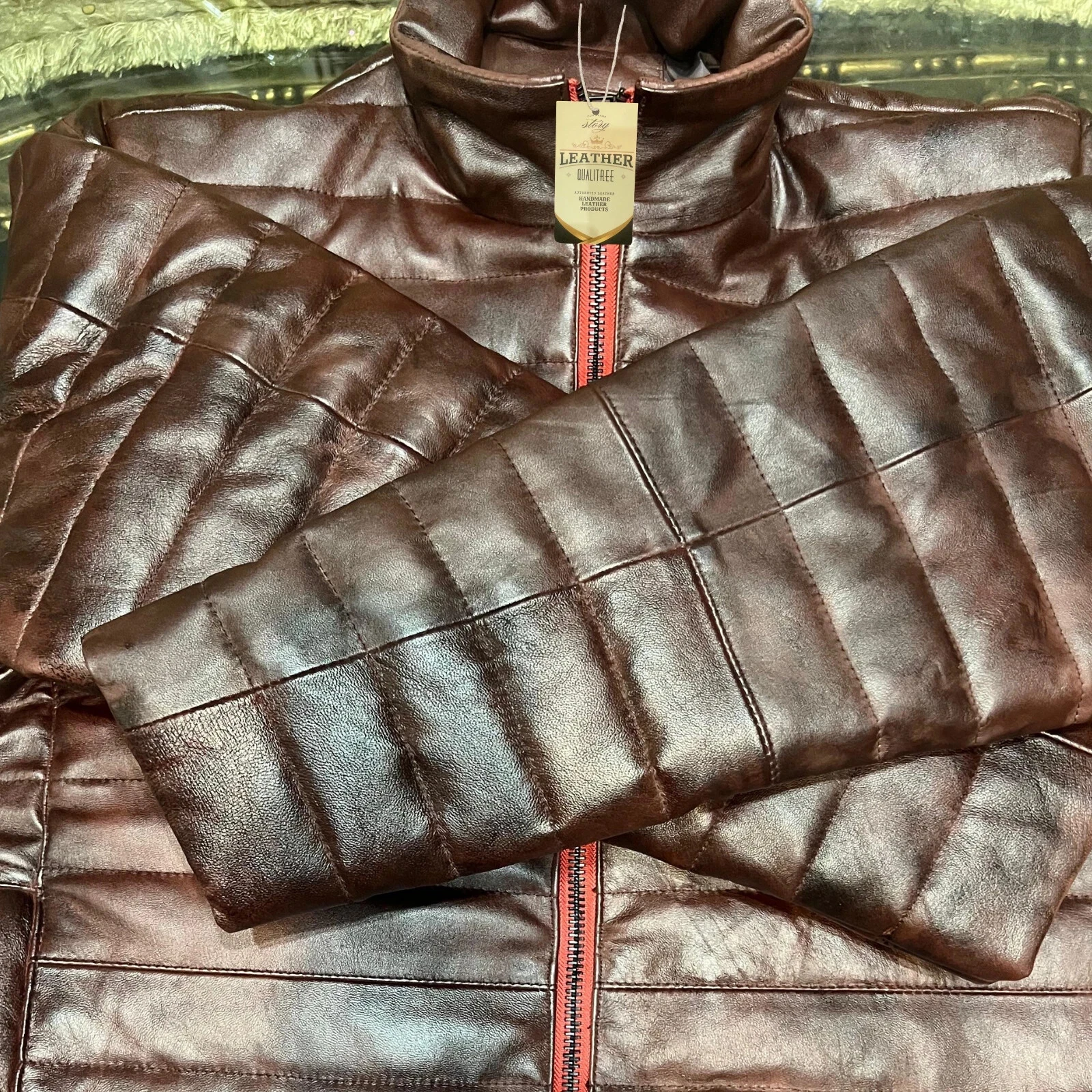 Men's Genuine Lambskin Distressed Leather Puffer Down Padded Quilted Jacket Coat