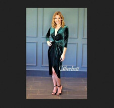 ZARA Green Velvet Low V Neck Midi Knot Front Pencil Dress size S 8 10 Christmas