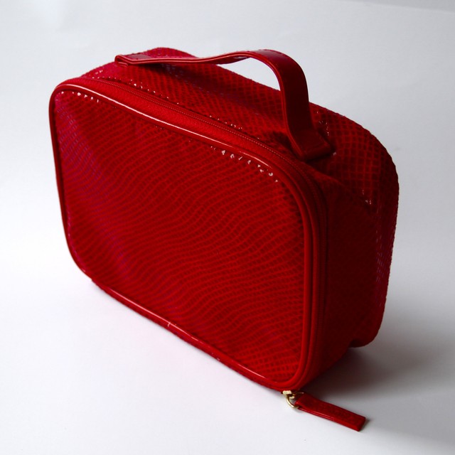 CLARINS MAKEUP / COSMETIC BAG COLOR RED APX. SIZE 8" X 5.5" X 2.5