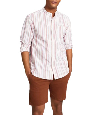AND NOW THIS Men's Banded Collar Seersucker Shirt Open Brown Size XL