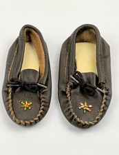 Vintage Brown Leather Moccasin Shoes Kids Child Size 7 with Beadwork Beaded