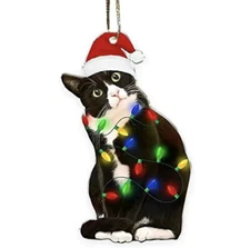 Cat Christmas Ornament In Lights Santa Hat Hanging Figurine Decor Kitten New