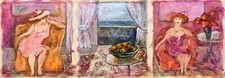 TOLLY ZIV, Tríptico, Pasteles al óleo sobre papel, Relajante en casa, Firmado