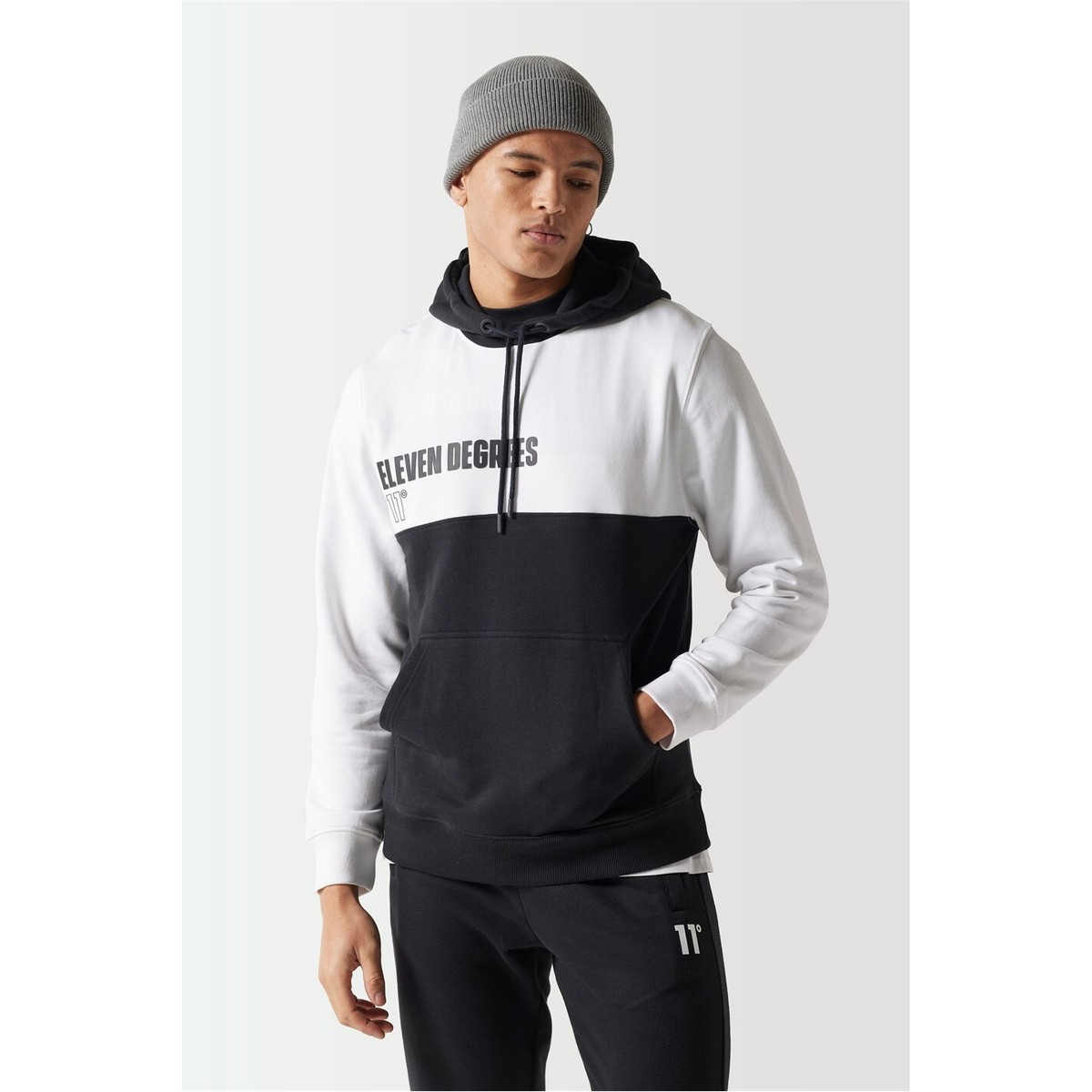 11 Degrees Mens Colour Block Hoodie Hooded Sweatshirt Top Black White Oth