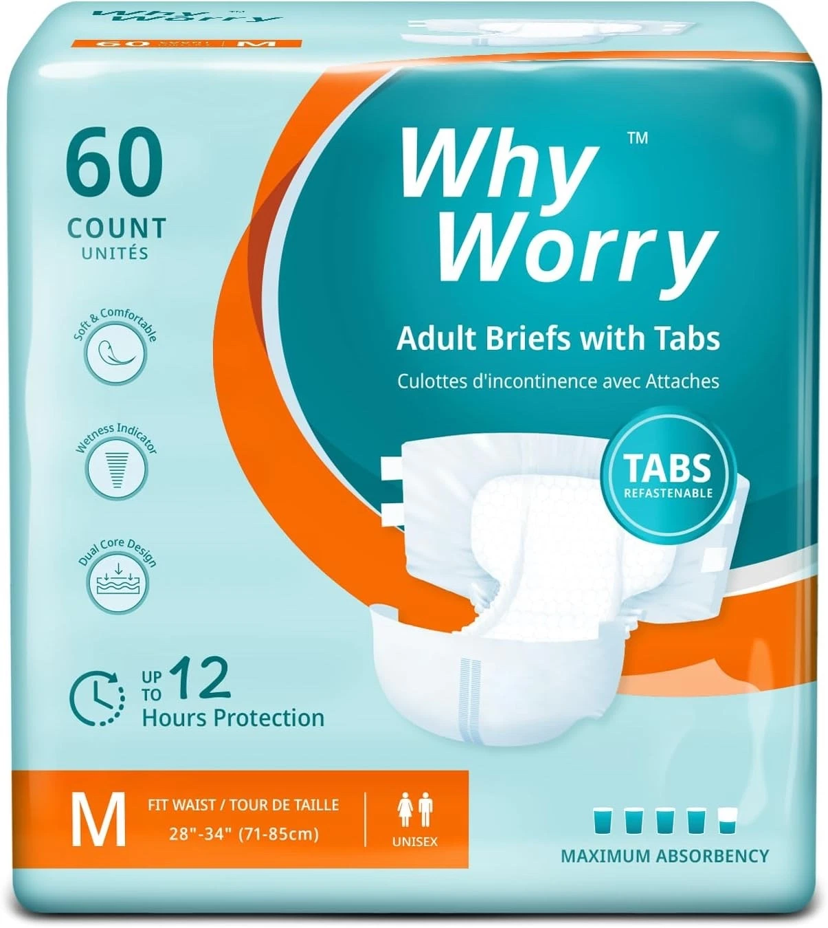 WhyWorry Adult Nappies for Women and Men, Disposable Adult Diapers Pack of 60