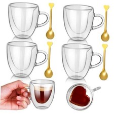 Pcs Heart Shaped Double Walled Glass Coffee Cups and Teaspoons Set Clear 8