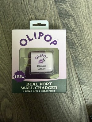 OLIPOP Dual Port Wall Charger 15.5W USB-A USB-C Purple Compact Design