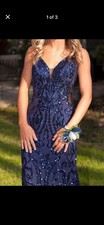 Navy Blue Sequin Formal Evening Gown Dress with Sheer Back and Strappy Detail