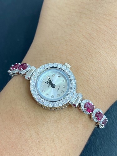 NATURAL RUBY 6X4 WHITE CZ STERLING SILVER 925 BRACELET - 第 1/6 張圖片