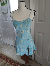 VICTORIA'S SECRET 100 SILK MINI NIGHTIE GOWN BLUE WHITE Floral Daisy Flower XS