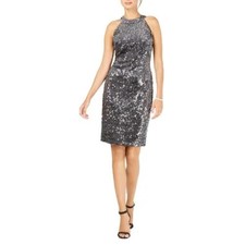 Nightway Silver Cocktail Dress Sequined Velvet Sleeveless Halter Sheath Size 8