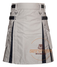 Scottish Khaki  Black Cotton Utility Kilt for Men - Leather Straps with Pockets