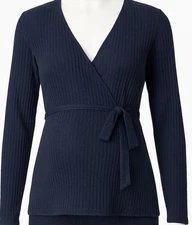 Vero Moda Maternity Navy Ribbed Wrap Tie Front Long Sleeve Top L NWT