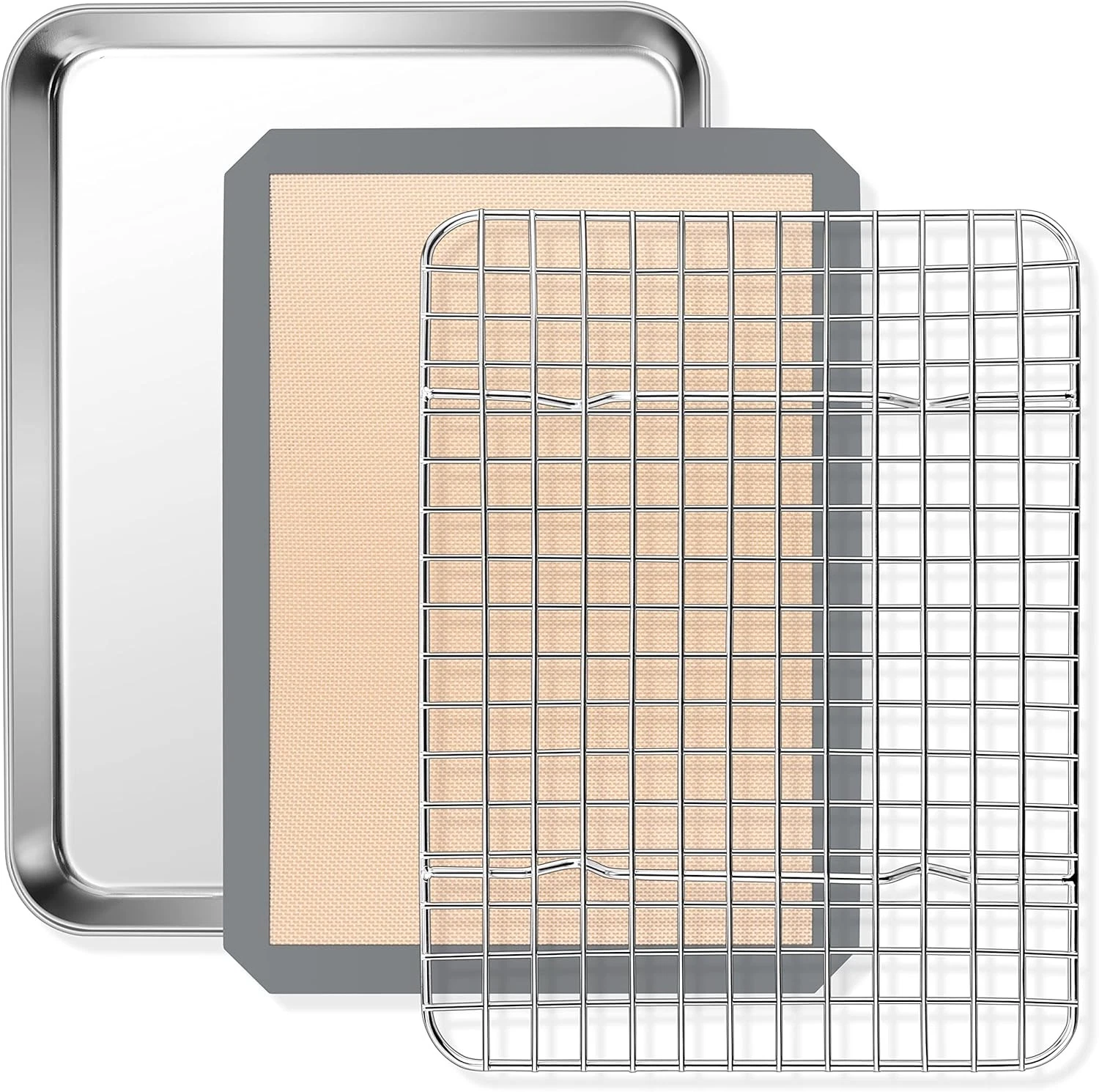 9 x 7 x 1 Inch Toaster Oven Pan W/ Grid Rack & Silicone Mat Stainless Steel