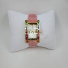 Diamonique Rainbow Tank Stainless Pink Leather Strap Goldtone Watch
