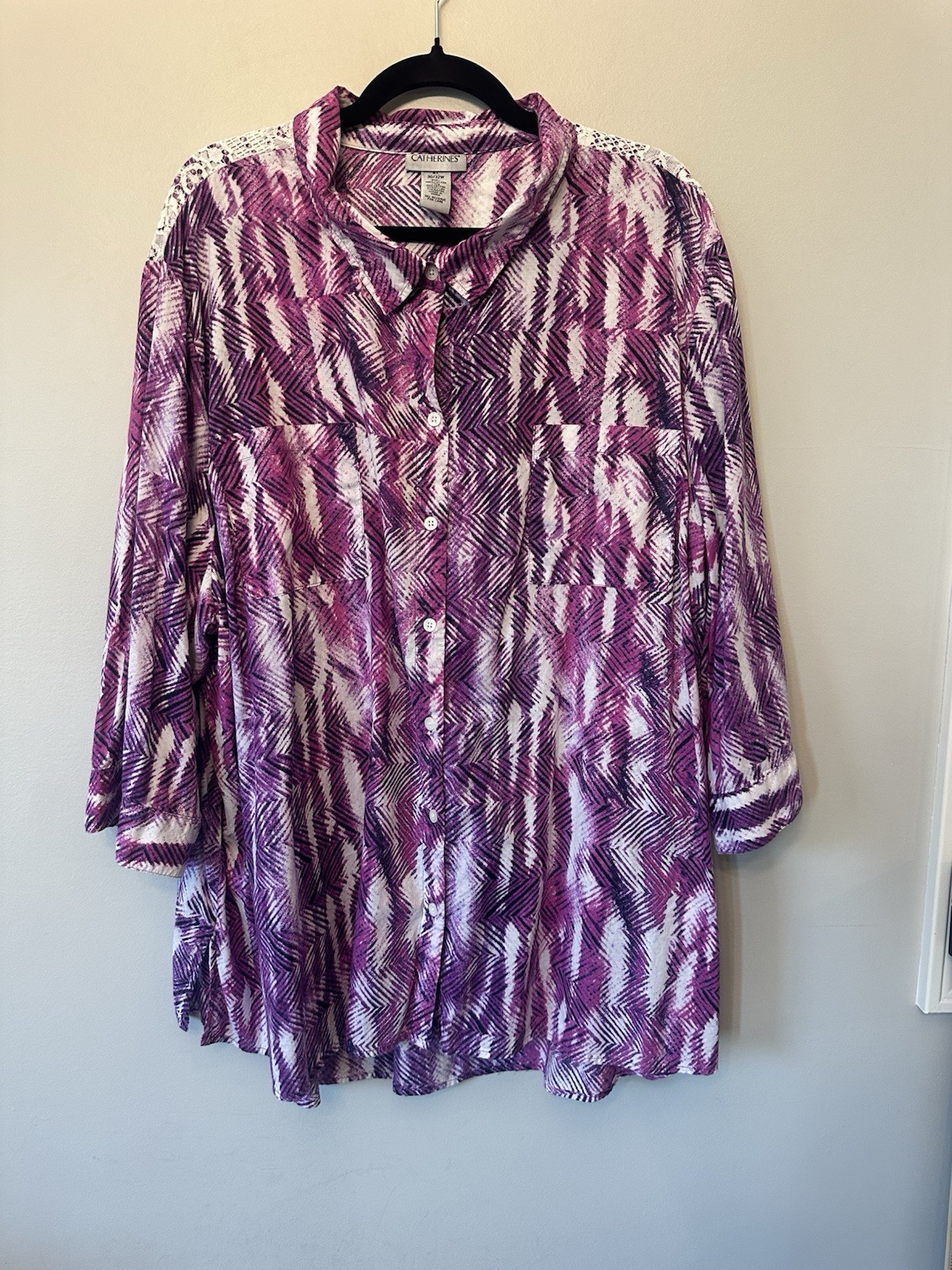 Catherines Button Front blouse  purple watercolor Lightweight Summer