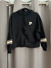 PINK Women's Black Full Zip Hoodie M Logo Pockets Fleece Cotton Blend