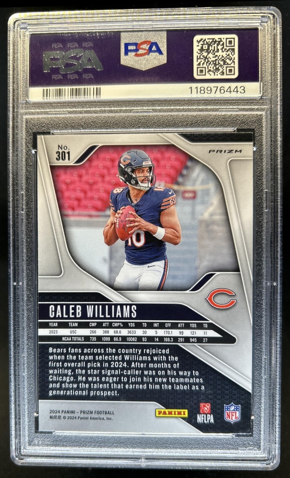 2024 Panini Prizm Caleb Williams RC Neon Green Pulsar Rookie #301 Bears PSA 10 view 2