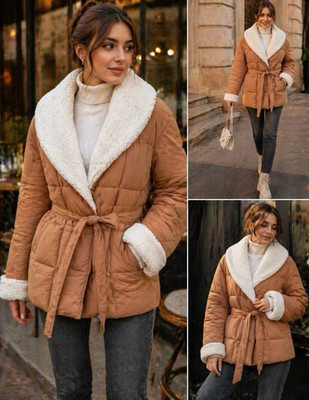 Ava & Viv Women s Plus 3X Brown/White Short Puffer Jacket Tie Belt Pockets