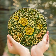 Yellow Rose Floral Stained Glass Suncatcher Round Window Hanging Home Decor