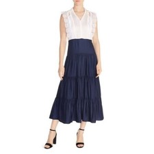 NWT Sandro Maxime Career Navy Tiered Lace Inset Midi Dress 38 EU M/L
