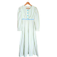 70s Vtg Handmade Maxi Prairie Dress Roses Floral Seersucker cottagecore