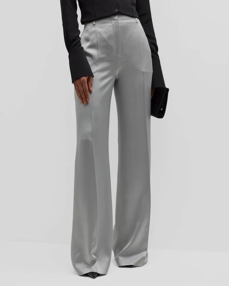 $1150 Alberta Ferretti Mujer Gris Tiro Medio Pierna Ancha Satén Pantalones Talla It 40/US 4