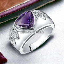 Amethyst Trillion Cut Gemstone With 925 Sterling Silver Ring For Men's #137