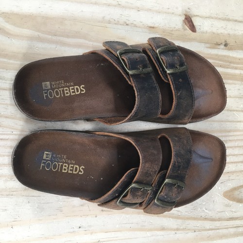 White Mountain Sandals Womens 8 M Helga Buckle Slides Brown Leather Slip On - Picture 13 of 16
