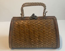 Vintage Brown Woven Purse Handbag Basket Wooden Box With Handle