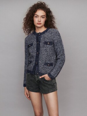 Maje Mission Navy Metallic Sequin Sweater Cardigan Size UK