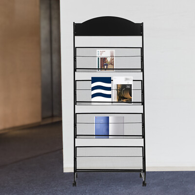 4-Tier Metal Wheeled Magazine Book Rack Newspaper Brochure Storage ...