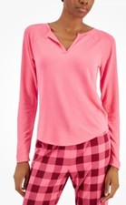 Jenni Women  s Long Sleeve Pink Ribbed Split-Neck Pajama Top Size L